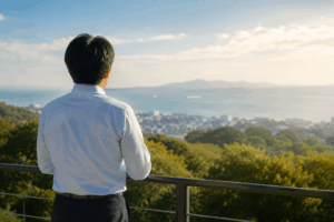 地方自治体職員の男性が、将来の選択肢の広がりを感じながら景色を見つめるイメージ